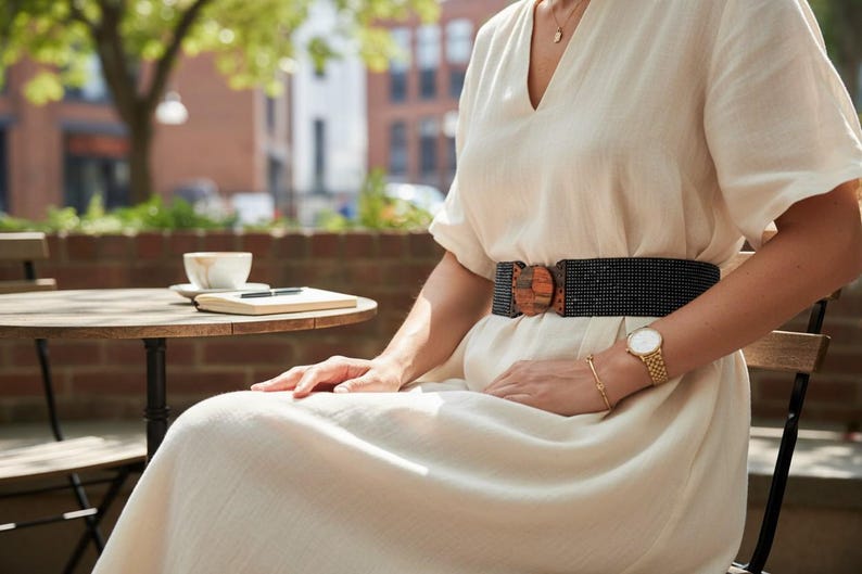 Pode incluir: Vestido creme com decote em V e mangas curtas. O vestido &eacute; cintado na cintura com um cinto preto largo com fivela de madeira. Um rel&oacute;gio e uma pulseira dourados s&atilde;o vis&iacute;veis. Uma ch&aacute;vena de caf&eacute; e um caderno est&atilde;o numa mesa pequena.