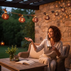 Puede incluir: Luces de cadena con globos cálidos y brillantes cuelgan sobre un patio. Una mujer está sentada en un sofá de mimbre, sosteniendo una taza. Una mesa de madera tiene un libro y plantas. La escena está iluminada.