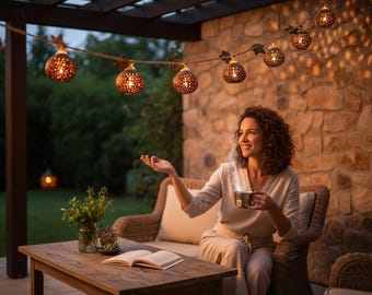 Handmade Coconut Shell String Lights – Boho Outdoor Patio Lights  – Tropical Garden Decor