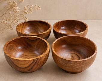 Handcrafted Teak Wood Bowls Set of 4, Rustic Serving Dishes for Snacks & Dips
