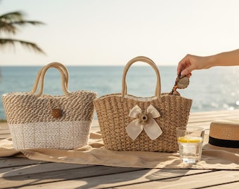 Handwoven Seagrass Tote Bag | Natural Straw Handbag with Button Closure | Fabric Bow Accent | Drawstring closure