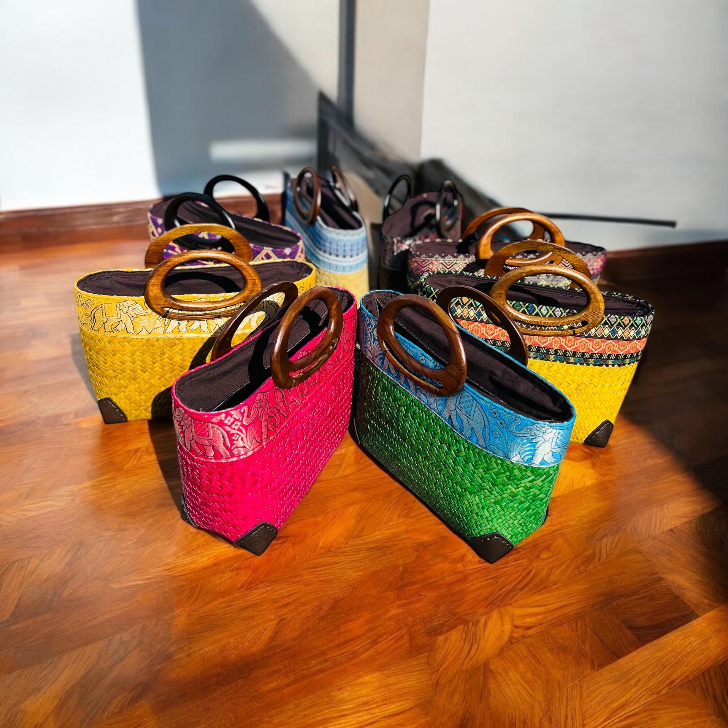 Stylish Boho Contemporary Top Handle Bag with unique Batik border and Wood Handle - Perfect for Work and Casual look. Straw Vibrant Bag