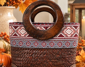 Handwoven Krajood Bag with Wooden Handle, Thai Woven Handbag with Batik Trim