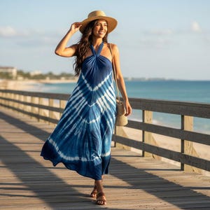 blue tie dye halter dress Duncan Halter Dress ~ Indigo Tie Dye