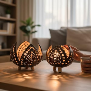 Bohemian Coconut Table Lamp: Open Petal Night Light, Home Decor