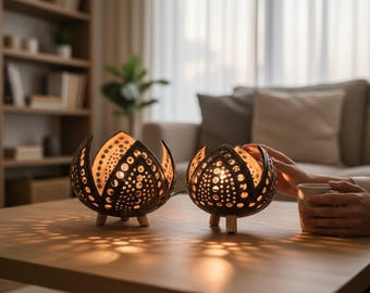 Bohemian Coconut Table Lamp: Open Petal Night Light, Home Decor