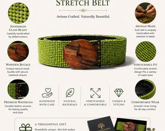 Handmade Boho Waist Stretchable Bead Belt with Wooden Buckle – Statement Wide Belt for Dresses.