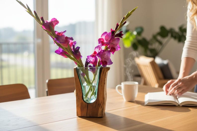 May include: A wooden and glass vase holds vibrant purple and pink gladiolus flowers. The vase sits on a light-colored wooden table, next to a white mug and an open book. The scene is bathed in natural light.