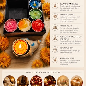 May include: A Flower Tea Light Set featuring a black box containing six flower-shaped candles in blue, green, pink, yellow, and red. A yellow flower candle is lit inside a ceramic holder. The image includes text detailing benefits and uses.