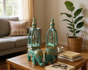 Hand Painted Elephant Lantern Decor with Bell | Boho Indian Home Accent | Ethnic Shelf Decor |