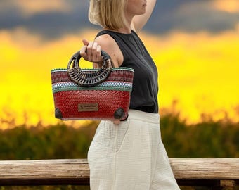 Handwoven Contemporary Thai Straw/Krajood Bags with Bamboo Handle Batik border and Zipper closure. Mother's Day Gift. Stylish Evening Bag.