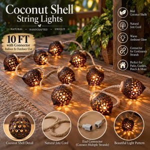 Handmade Coconut Shell String Lights – Boho Outdoor Patio Decor (10ft with Connector)