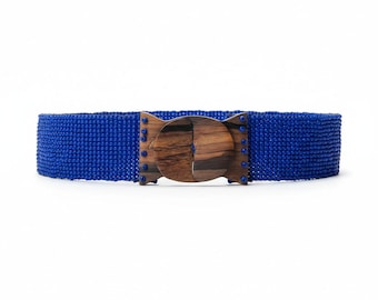 Handmade Boho Waist Stretchable Bead Belt with Wooden Buckle – Statement Wide Belt for Dresses.