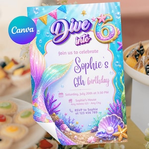 Dive into Five 5th Birthday Mermaid Invitation, Mermaid Bash Under the Sea Birthday Invite, Pink Purple Blue Mermaid Invites, Canva Template