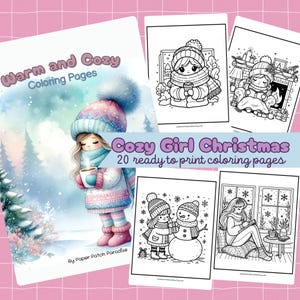 Warm and Cozy Girl Christmas Coloring Pages Printable Cute Holiday Coloring Sheet Kids Kawaii Winter Activity Christmas Scene Adult Coloring