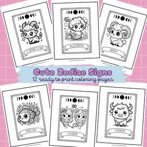 Sternzeichen Malseiten ausdruckbar Kawaii Tarot Karten Malseiten Niedliche Witchy Färbung Aktivität Kinder Sternzeichen Malbuch Erwachsene