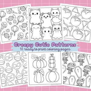 Creepy Cutie Pattern Coloring Pages Printable Halloween Coloring Sheet Kids Kawaii Spooky Activity Pastel Goth Adult Bold Easy Coloring Book