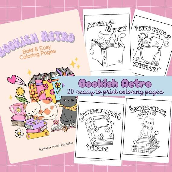 Bold and Easy Bookish Coloring Pages Printable Cute Retro Cat Coloring Sheet Book Lover Coloring Activity Kids Book Girly Coloring Adult