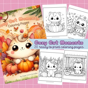 Cute Cat Fall Coloring Pages Printable Kawaii Cat Coloring Sheets Kids Cozy Thanksgiving Activity Adult Pumpkin Autumn Animals Coloring Book