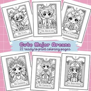Páginas para colorir de cartas de tarô para imprimir, folhas para colorir kawaii dos Arcanos Maiores, atividade fofa de bruxaria, livro de colorir para crianças e adultos