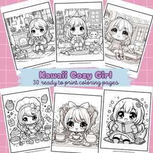 Kawaii Girl Coloring Pages Printable Cute Cozy Scenes Coloring Sheets Kids Coloring Activity Teens and Adult Coloring Book AI Coloring