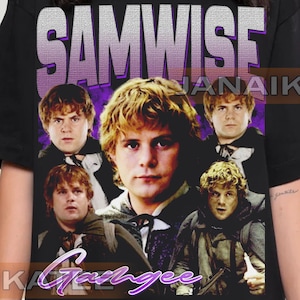 May include: Black t-shirt with a purple graphic of Samwise Gamgee from the Lord of the Rings. The graphic features multiple images of Samwise Gamgee in different poses. The text "Samwise" is written in large purple letters above the graphic.