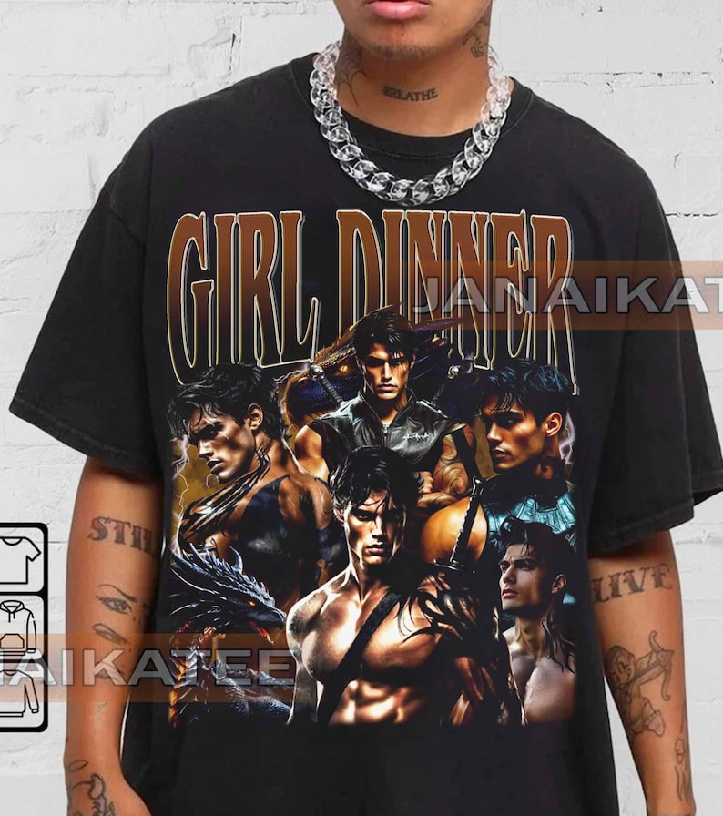 May include: Black t-shirt with the text "GIRL DINNER" in a brown and gold font. The shirt features a collage of male figures in various poses. The overall design has a vintage aesthetic.