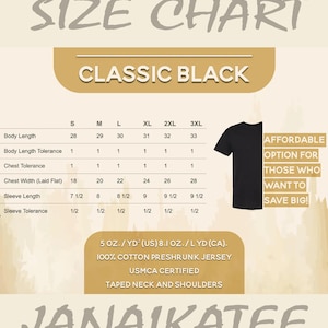 May include: A size chart for a classic black t-shirt, with measurements for body length, chest width, and sleeve length in inches. The chart includes sizes S through 3XL. The text "AFFORDABLE OPTION FOR THOSE WHO WANT TO SAVE BIG!" is also visible.
