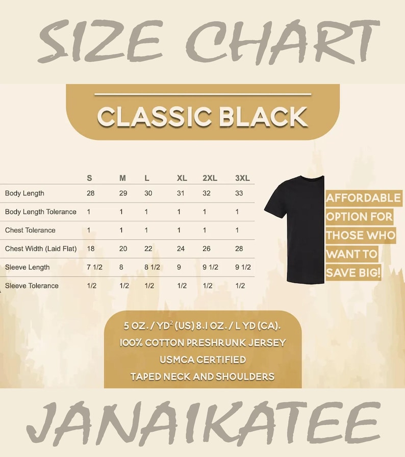 May include: A size chart for a classic black t-shirt, with measurements for body length, chest width, and sleeve length in inches. The chart includes sizes S through 3XL. The text "AFFORDABLE OPTION FOR THOSE WHO WANT TO SAVE BIG!" is also visible.