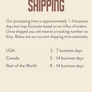May include: The word "SHIPPING" in a brown, bold font is at the top of the image. Below, text details processing and shipping times. USA shipping is estimated at 3-7 business days, Canada at 5-14, and the rest of the world at 8-14 business days.