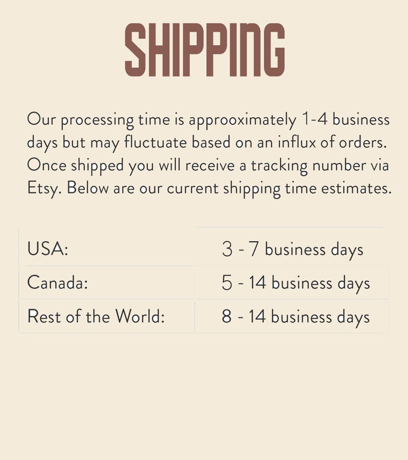 May include: The word "SHIPPING" in a brown, bold font is at the top of the image. Below, text details processing and shipping times. USA shipping is estimated at 3-7 business days, Canada at 5-14, and the rest of the world at 8-14 business days.