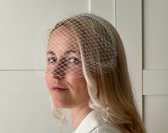 Fascia per capelli con velo a gabbia per uccelli / Fascia per capelli in raso / Velo da sposa / Velo in tulle bianco / Velo per il viso / Velo da sposa