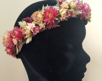 Couronne de tête de fleurs séchées Nuances de rose - Mariage - Bijou fleuri - Bijou cheveux - Coiffure mariée - Bijou témoin - Bijou mariée