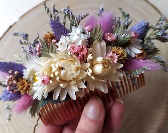 Peigne de fleurs séchées violet, rose et blanc fait main - Peigne mariée - Peigne témoin - Coiffure mariage - Mariage bohème - Hippie