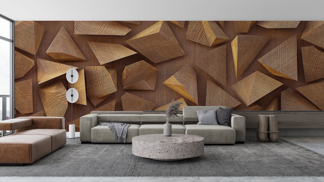 3D Geometric Wallpaper. Polygonal Shapes, Triangles Mosaic, Wood ...