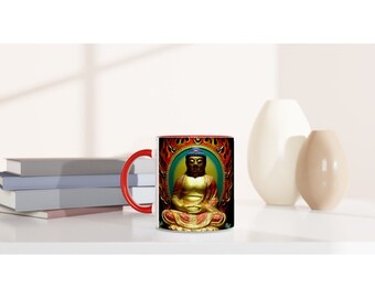 Taza de Buda de cerámica blanca de 11 oz con color en el interior