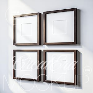 Può includere: Quattro cornici quadrate con cornici in legno marrone scuro e passe-partout bianchi sono montate su un muro bianco. Le cornici sono disposte in una griglia 2x2. L'immagine include il testo "JOIN A FRAME RATIO" e "Create Era MOCKUP".