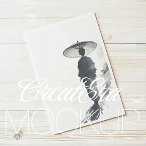 Puede incluir: Una ilustración en blanco y negro de una persona sosteniendo un paraguas, con el texto "Create a Mockup" en letra cursiva blanca.
