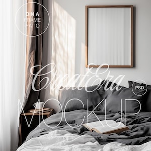 Vertical Wooden Frame Poster Mockup, Realistic Bedroom Interior Framed Mockup for Photoshop, PSD File, Modern Artwork Mockup