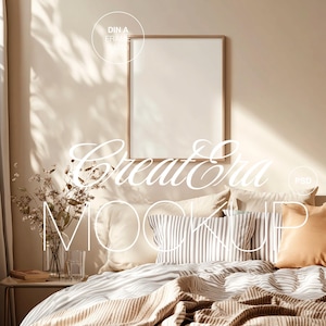 Vertical Wooden Frame Poster Mockup, Realistic Bedroom Interior Framed Mockup for Photoshop, PSD File, Modern Artwork Mockup
