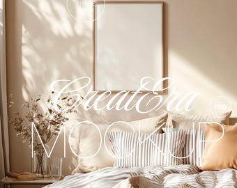 May include: A mockup of a bedroom with a framed poster on the wall, a bed with a striped duvet and pillows, and a vase of dried flowers on a side table.