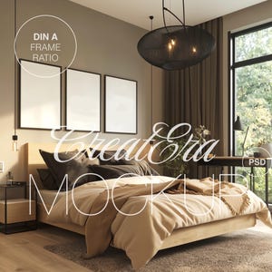 May include: A bedroom interior with a large bed with a beige comforter and black pillows. There are three black framed pictures on the wall behind the bed. A black light fixture hangs from the ceiling above the bed.