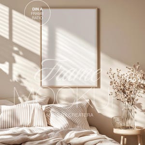 Vertical Wooden Frame Poster Mockup, Realistic Bedroom Interior Framed Mockup for Photoshop, PSD File, Modern Artwork Mockup