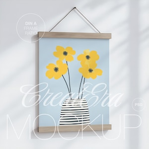 Vertical Wooden Frame Poster Mockup, DIN A Minimalist Modern Artwork Mockup for Photoshop, A3, A4, Realistic Hanging Frame Mockup, PSD