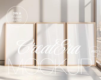 Vertical Frame Mockup: DIN A Poster, Three Wooden Frames (PSD File)