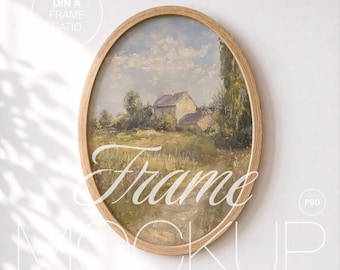 Oval Wood Frame Mockup: Vertical Wall Art (PSD, Instant Download)