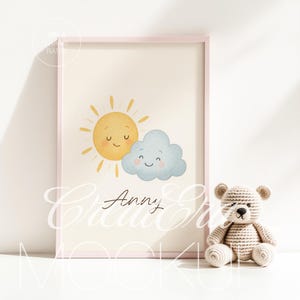 Maqueta de marco rosa para póster de habitación infantil, maqueta de póster vertical para guardería (A4/A3), maqueta de obra de arte enmarcada, plantilla de arte mural PSD para Photoshop
