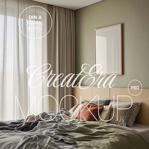 Vertical Wooden Frame Poster Mockup, Realistic Bedroom Interior Framed Mockup for Photoshop, PSD File, Modern Artwork Mockup