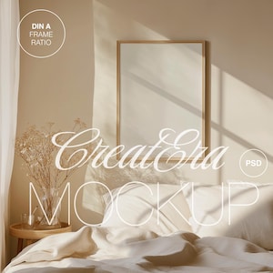 Vertical Wooden Frame Poster Mockup, Realistic Bedroom Interior Framed Mockup for Photoshop, PSD File, Modern Artwork Mockup