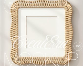 May include: A square picture frame with a woven, light brown rattan border. The frame has a white interior and a wavy edge design. The text "Create Era Mockup" is visible in the image.